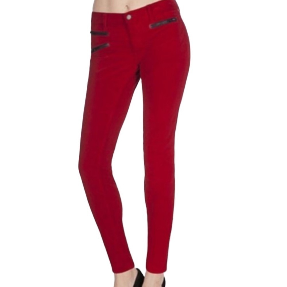 JBrand ZOEY Bright Red Velvety Corduroy Jeans “Great Red” Wash Zippered Pockets